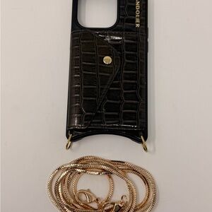 Bandolier Gia Black Croc Pattern Phone Case with Gold Chain - iPhone 15 Pro